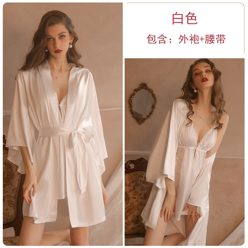 Iris Studio Sexy Pure Desire Pajama Lace Solid Color Strap Skirt Lace Morning Robe Outer Robe Home Clothes Set