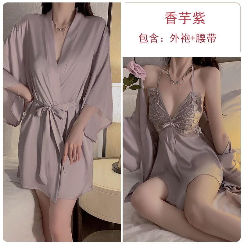Iris Studio Satin pajamas, butterfly hanging neck, see through lace with chest cushion, plus size nightgown, home set