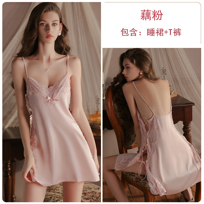 Iris Studio Sexy Pure Desire Pajama Lace Solid Color Strap Skirt Lace Morning Robe Outer Robe Home Clothes Set