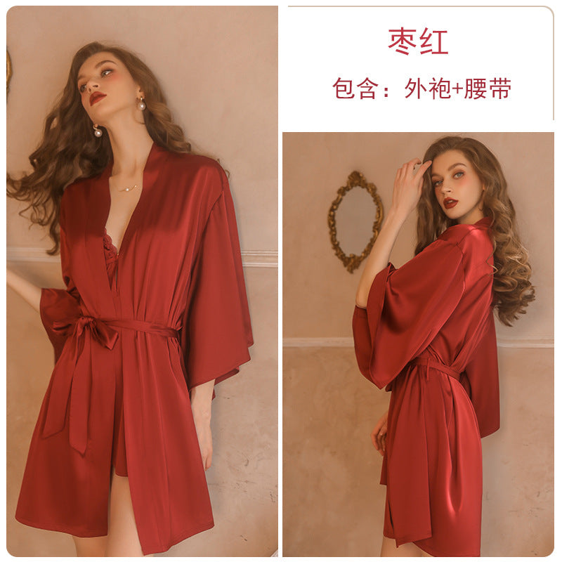 Iris Studio Sexy Pure Desire Pajama Lace Solid Color Strap Skirt Lace Morning Robe Outer Robe Home Clothes Set
