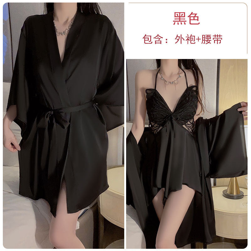 Iris Studio Satin pajamas, butterfly hanging neck, see through lace with chest cushion, plus size nightgown, home set