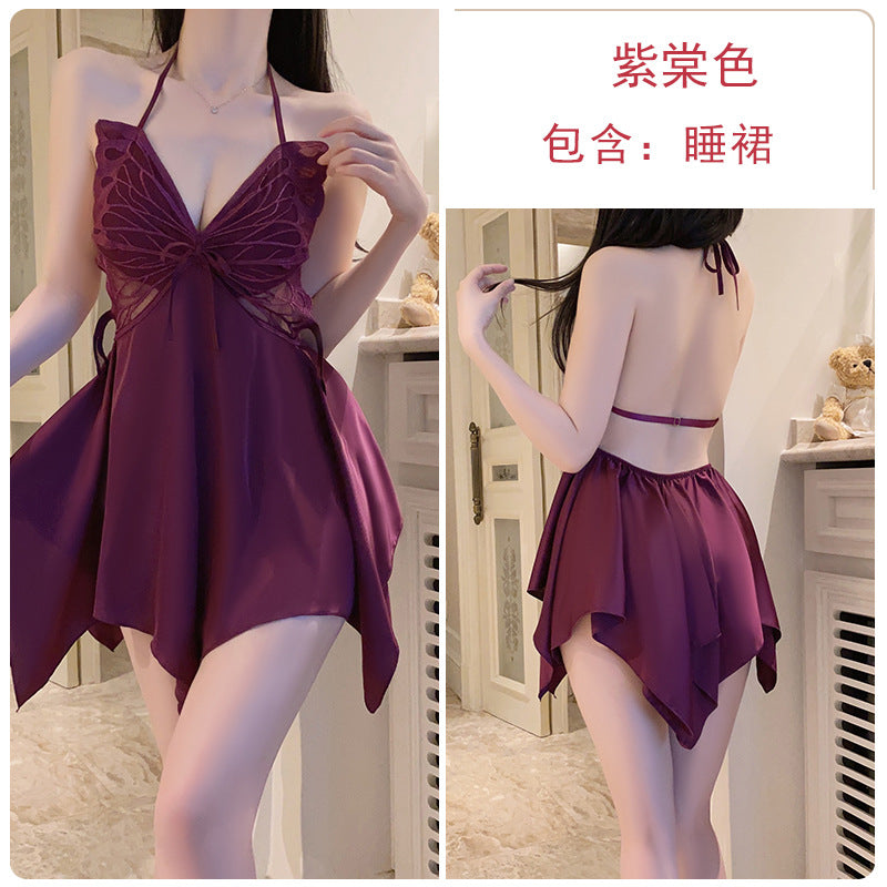 Iris Studio Satin pajamas, butterfly hanging neck, see through lace with chest cushion, plus size nightgown, home set