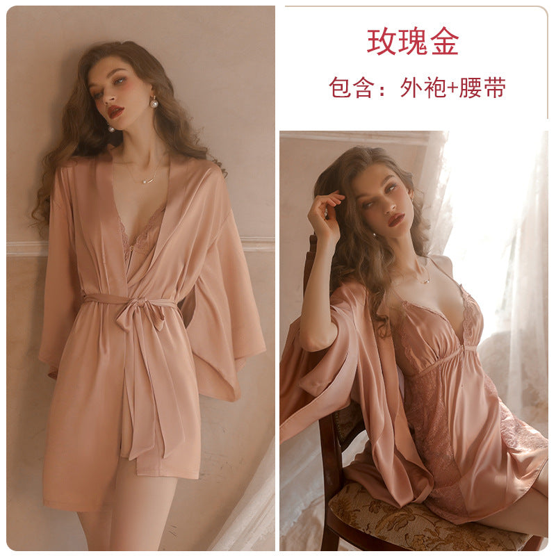 Iris Studio Sexy Pure Desire Pajama Lace Solid Color Strap Skirt Lace Morning Robe Outer Robe Home Clothes Set