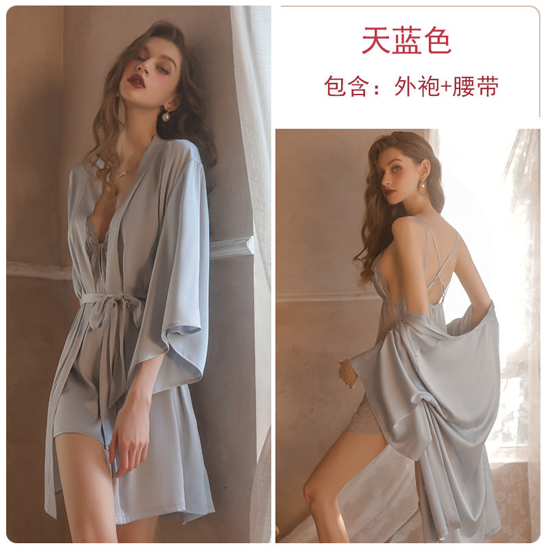 Iris Studio Sexy Pure Desire Pajama Lace Solid Color Strap Skirt Lace Morning Robe Outer Robe Home Clothes Set