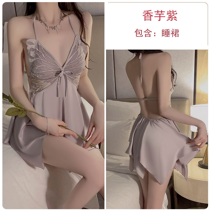 Iris Studio Satin pajamas, butterfly hanging neck, see through lace with chest cushion, plus size nightgown, home set