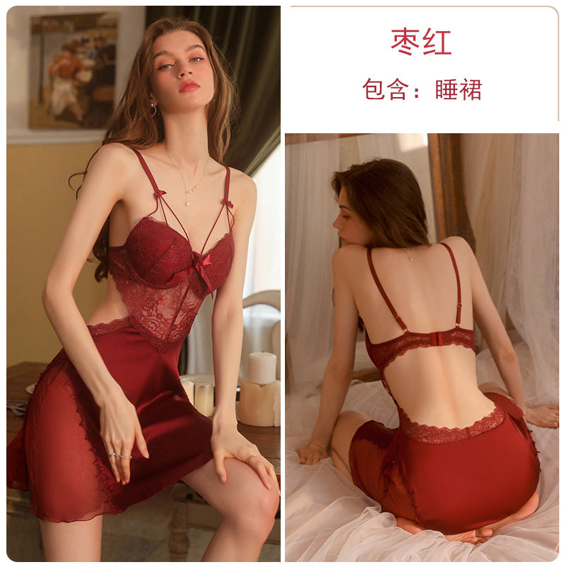 Iris Studio Sexy lingerie in plus size with ice silk and chest cushion, steel ring gathering straps, nightgown, outerwear, home set