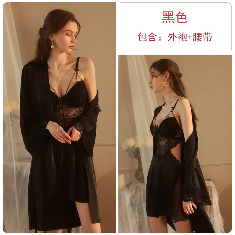 Iris Studio Sexy lingerie in plus size with ice silk and chest cushion, steel ring gathering straps, nightgown, outerwear, home set