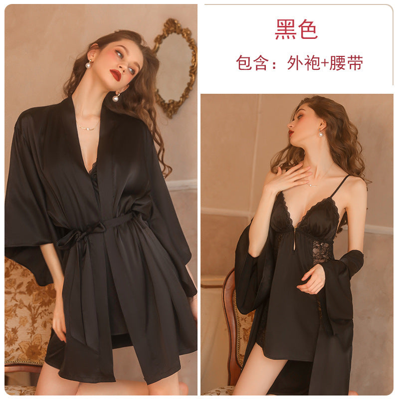 Iris Studio Sexy Pure Desire Pajama Lace Solid Color Strap Skirt Lace Morning Robe Outer Robe Home Clothes Set